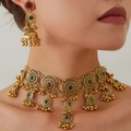 Vintage gold necklace set with hollow floral design and Indian Jhumka style earrings - Colorful