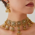 Vintage golden choker necklace and earrings set with hollow patterns and bead tassels - White