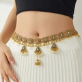 Close-up of golden mandala waist chain with jhumka bells and white teardrop beads - Gold White