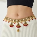 Detail of ethnic gold waist chain featuring red beads and waterdrop bell pendants - Gold Red