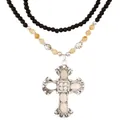 Collana lunga bohémien a doppio strato con ciondolo a croce occhio di gatto e perle vintage - Stile Perlato a Doppio Strato Con Croce in Argento Vintage