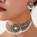 Vintage zilveren sieradenset met etnische strass-vleugels ketting en parel oorbellen - Zilver Wit