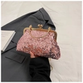 Close-up van de roze avondclutch met pailletten, gouden metalen frame en bolsluiting - Roze