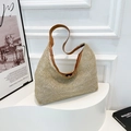 Grande borsa tote in paglia intrecciata con finiture in pelle marrone per le vacanze - Marrone