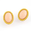 Oval peach resin stud earrings with bright yellow beaded border in candy color style - Orange