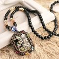 Luxurious crystal sweater necklace with shell pendant and colorful rhinestones in retro style - Rectangular Shell