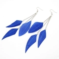Long boho style earrings with bright blue feathers and silver alloy tassels on white base - Blue