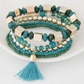 Bohemian multi-layer handmade beaded bracelet set with green tassels and gold accents - Green