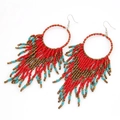 Handgefertigte Boho-Creolen mit bunten Perlenfransen in Rot, Türkis und Bronze-Optik - Rot