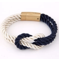 Detail of nautical braided navy and cream rope bracelet with a gold magnetic clasp - Navy Blue and White Style (015062528)