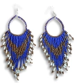 Bohemian seed bead tassel earrings in royal blue, bronze, and white woven pattern - Blue