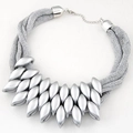 Bohemian multi-layer mesh fringe necklace with silver matte leaf charms on white background - Silver