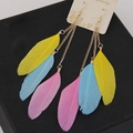 Detail of colorful long feather tassel earrings with golden chain and soft natural textures - Pink