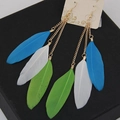 Detailed close-up of bohemian long tassel feather earrings with blue white and green accents - Green