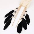 Detail view of long bohemian earrings with gold chains, black feathers and beads - Black