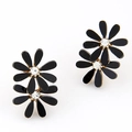 Elegant double black daisy stud earrings with gold plating and sparkling crystal centers - Black
