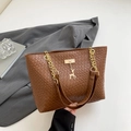 Brown woven tote bag with gold chain strap and stylish deer charm for women - Brown