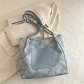 Light blue woven strap tote bag with quilted denim fabric and fashion print - Blue Without Pendant