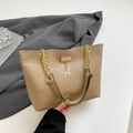 Khaki woven tote bag with a gold elk pendant and chain shoulder strap for women - Khaki