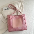 Pink denim texture tote bag with woven shoulder strap and golden fashion logo - Pink Without Pendant