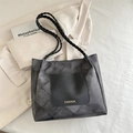 Large grey tote bag with woven shoulder straps and black fashion pocket detail - Black