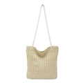Große Strandtasche aus Stroh mit gewebter Textur und weißen Baumwollseilgriffen für Damen - Einzelne Tasche / Khaki