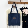 Large capacity navy denim tote bag with leather tag for women daily commuting - Style 2 (Fashion Bag Leather Label)