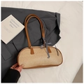 Beigefarbene Strohschultertasche mit braunen Lederriemen und einer blau karierten Schleife - Braun