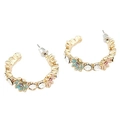 Floral C-shaped stud earrings with pink and cyan flowers and clear crystals on gold alloy - Tri-color Enamel (Green/Purple/Yellow)