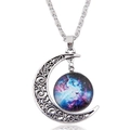 Detailed close-up of hollow silver crescent moon necklace with a galaxy glass gem pendant - Orange Red Starry Sky Style (wl110603217)