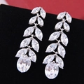 Elegant silver marquise cut zircon leaf drop earrings for weddings and parties - Clear White
