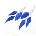 Bohemian royal blue feather tassel earrings with silver chains on white background - Blue