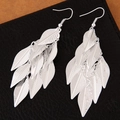 Bohemian silver multi-layered leaf drop earrings with realistic vein texture on black leather - Multi-layer Leaf Style (wl100922134)