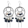 Bohemian silver hollow ring earrings with blue beads and long metal chains on white background - Black