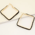 Minimalist square hoop earrings with gold metal base and black matte bead trim - Black 110509142