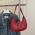 Vintage retro brick red leather crescent underarm bag with gold metal trim and strap - Red