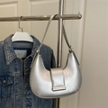 Silver matte leather crescent hobo bag with wide buckle and minimalist shoulder strap - Silver