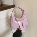 Pink patent leather handbag with bow detail and silver chain strap for women - Pink