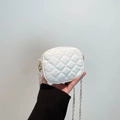 Mini white quilted camera bag featuring golden chain strap and rhombus stitching patterns - White