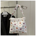 Close-up of white canvas tote bag with cartoon bear print and lace edge detailing - Style 2 (Full Print Cartoon Bear)