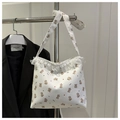 Detail of white canvas tote bag featuring cute koala prints and delicate lace trim edges - Style 3 (Koala Print Style)