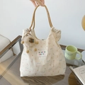 Cartoon canvas draagtas met oranje touwhandvaten en een schattige pluche hanger - Beige Lintbeer met Hanger
