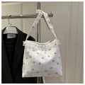 Detail of white tote bag featuring cute cartoon animal prints and elegant lace trim edges - Style 4 (Cat and Bear Print)