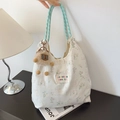 Bolso tote de lona floral con estampado de conejo y asas de cuerda menta - Con Colgante / Conejo Verde
