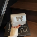 Mini silver metallic chain crossbody bag featuring a decorative bow buckle detail - Silver