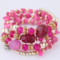 Bohemian multi-layer wrap bracelet with pink crushed stones and faceted resin beads - Rose Red