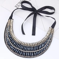 Vintage bib necklace with gold beads, navy crystals, and black satin ribbon tie - Navy Blue
