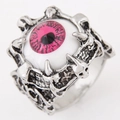 Gothic punk ring featuring a pink realistic eyeball held by silver bone claws - Red