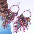 Detailaufnahme bunter Boho-Perlenohrringe mit Quasten, Metallhaken und kreisförmigem Rahmen - Mehrfarbig