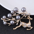 Elegant gold reindeer brooch with grey pearls and sparkling crystals for women - Gun Black (110412139)